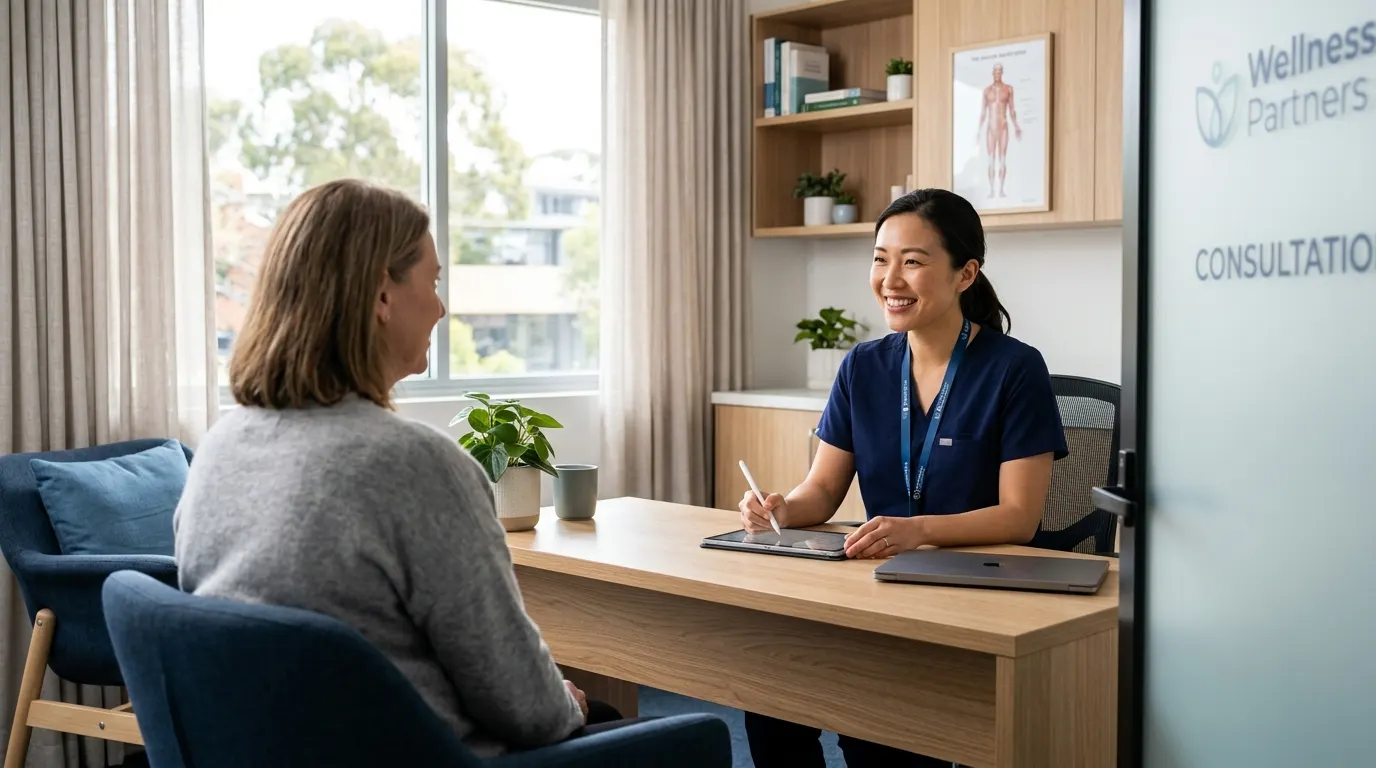 Profesional de salud en consulta con paciente